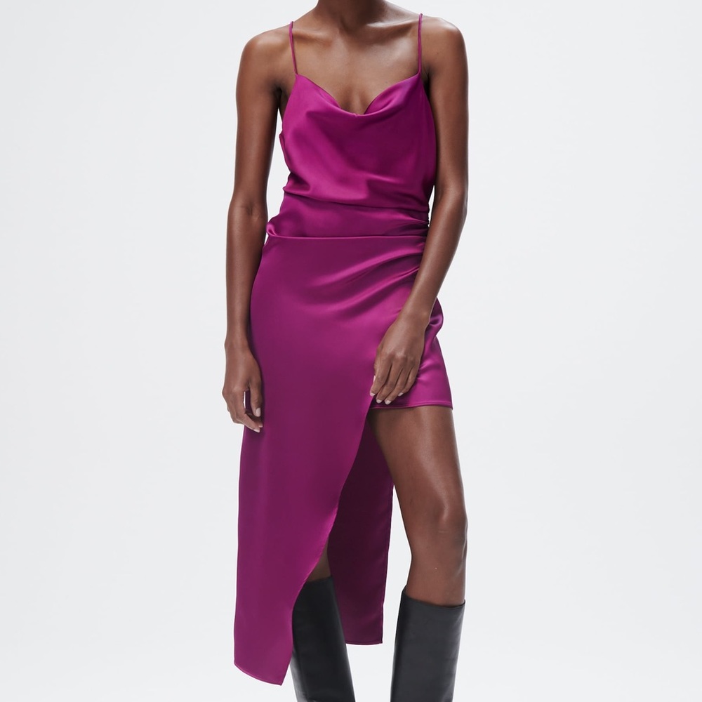 BNWT Zara pink magenta satin cowl mini high low dress size XS